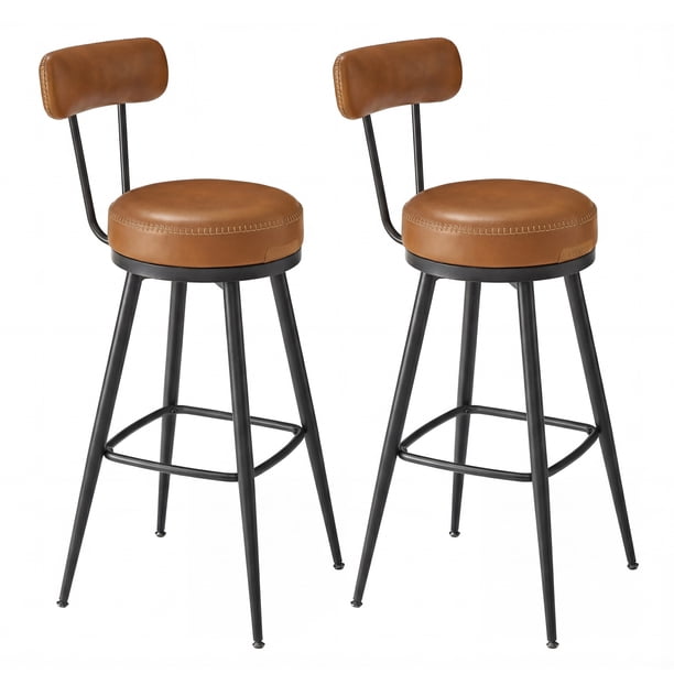 Barhocker 2er Set, hohe Drehhocker mit Rückenlehne, Kunstleder, für Küche und Bar, braun