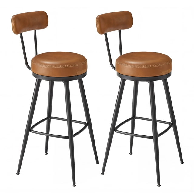 Barhocker 2er Set, hohe Drehhocker mit Rückenlehne, Kunstleder, für Küche und Bar, braun