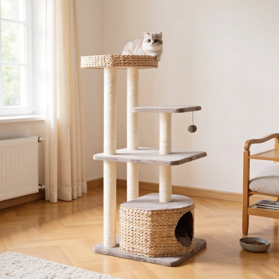 Pefilos 52" Modern Cat Tree Tower for Indoor Cats w/Natural Sisal Scratching Posts, Hand-Woven Condo and Top Perch, Cat Tree House for Kittens Climb Play, Beige