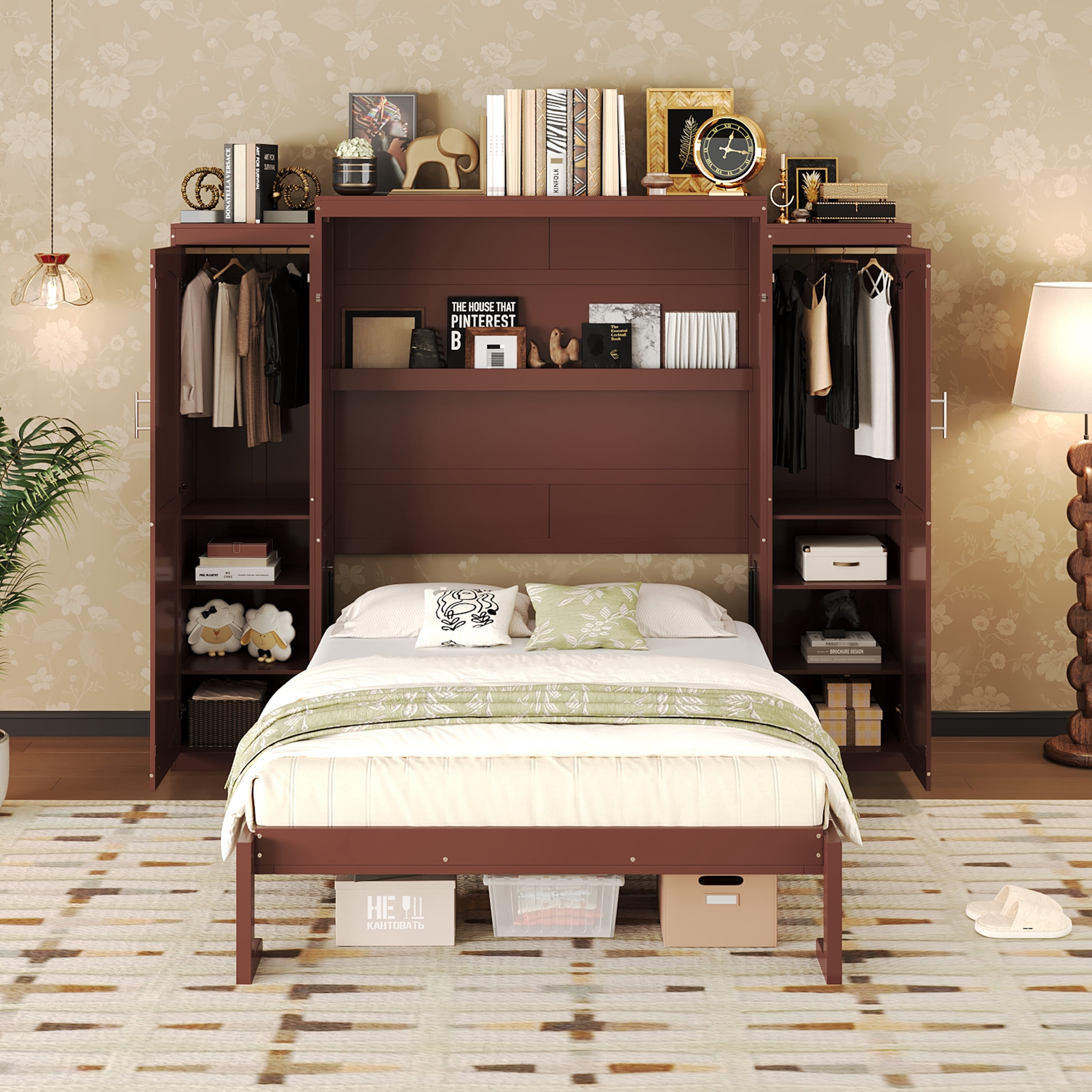 Yoneston Full Size Modern Murphy Bed with 2 Wardrobe & Storage Shelf, Multifunctional Foldable Platform Bed Frame with for Guestroom Bedroom, Brown
