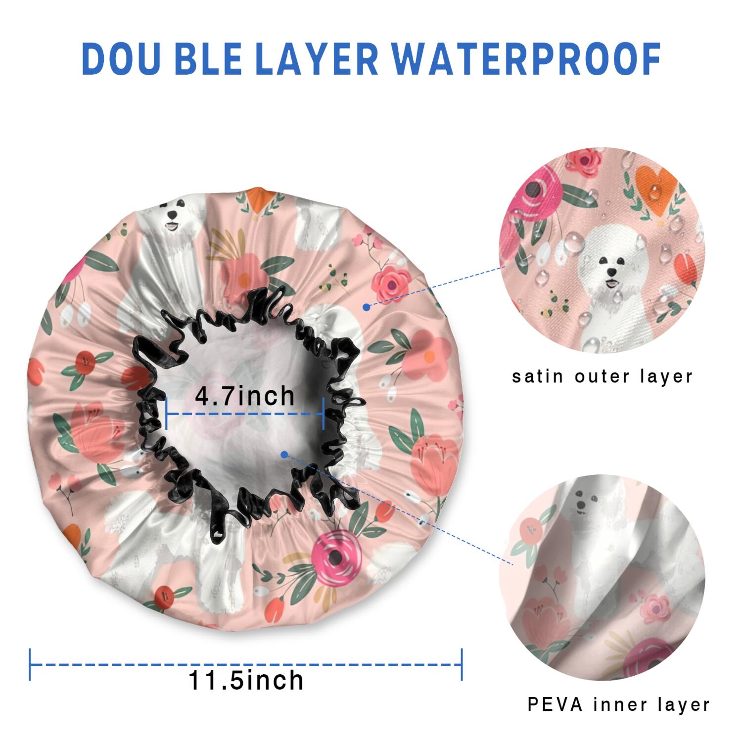 Shower Caps,Pink Bichon Frise and Flower Waterproof Shower Cap for Women 4 Pieces,Double Reusable Hair Cover for Shower PEVA Elastic Stretch Hem