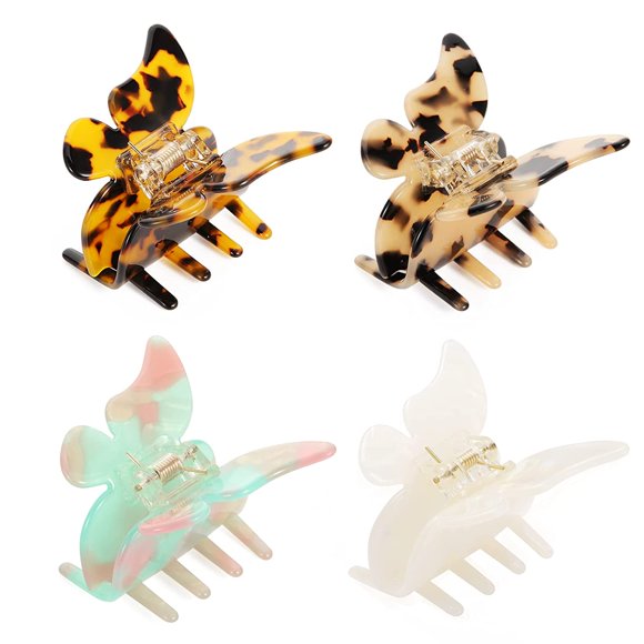 Butterfly Clips for Hair, Small Claw Butterfly Hair Clips for Women and Girls with Celluloid Leopard Print, 4 Color Hair Claw Clip Available (4 Packs)