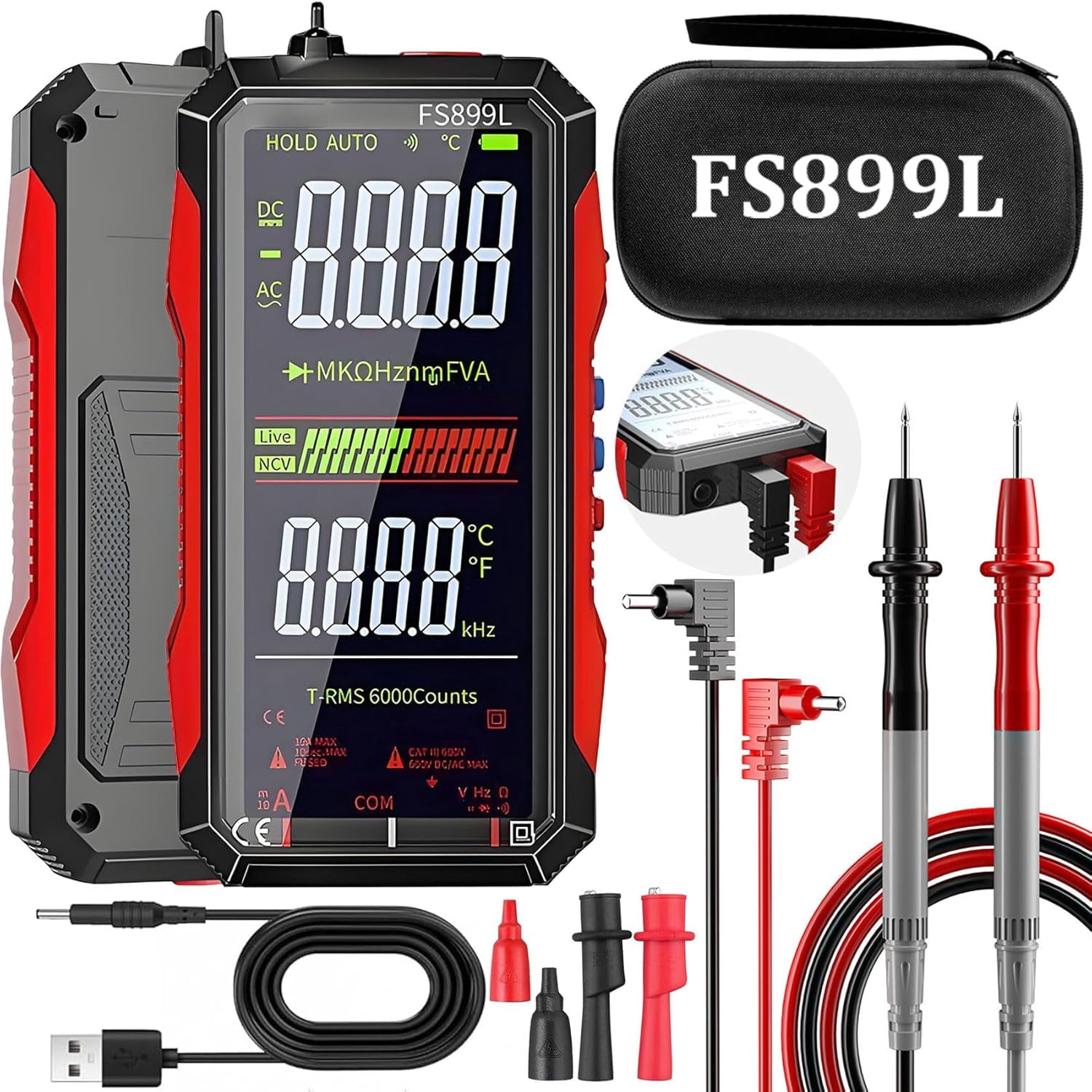 Upgraded FS899L Multimeter, USB Rechargeable Digital Multimeter, Automatic Digital Display Multimeter Tester for Home and Industrial Electrical Issues (FS899C)