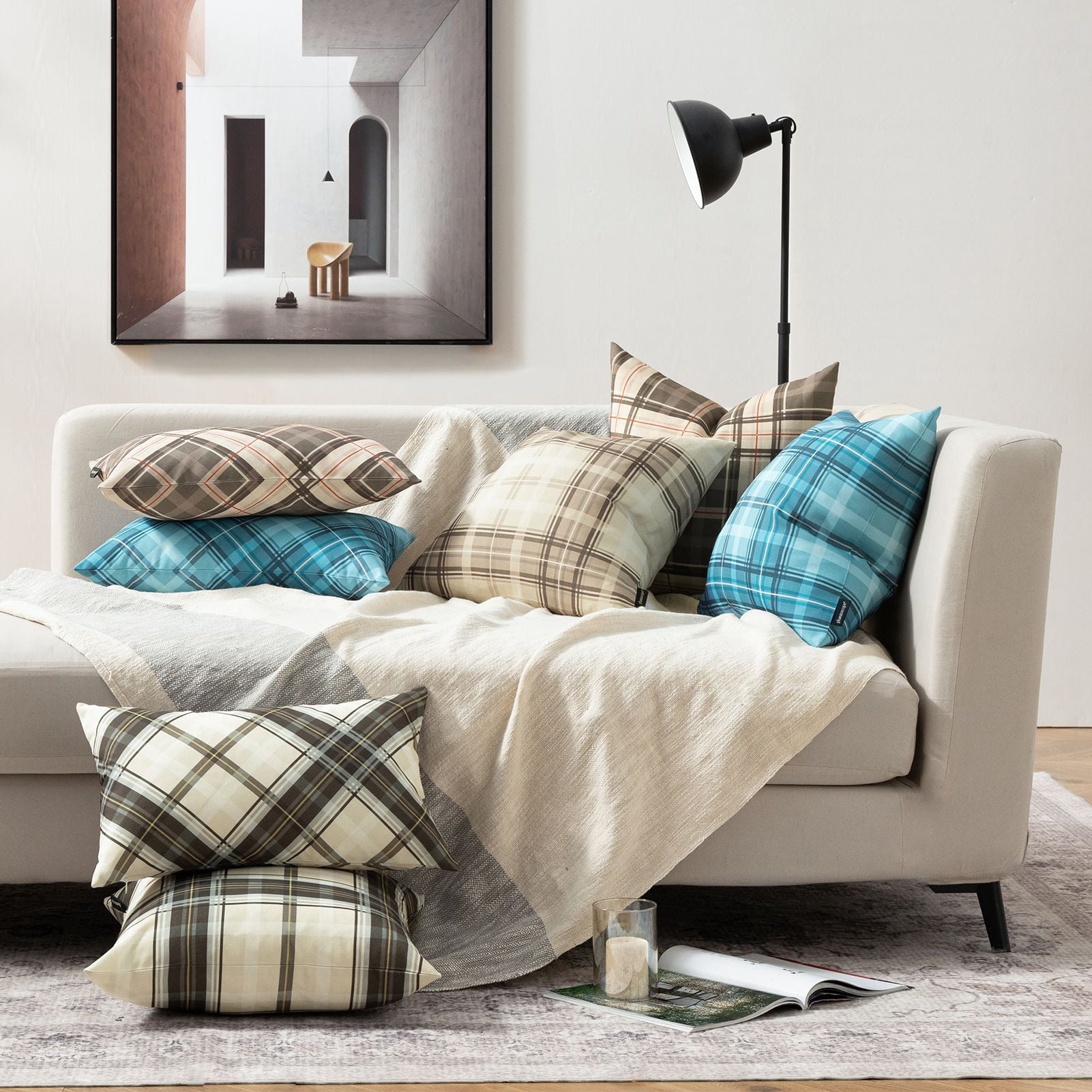 Phantoscope Buffalo Plaid Decorative Throw Pillows with Inserts, Double-Sided Printed Checkered Design, 18 x 18 in, Teal, 2 Pack