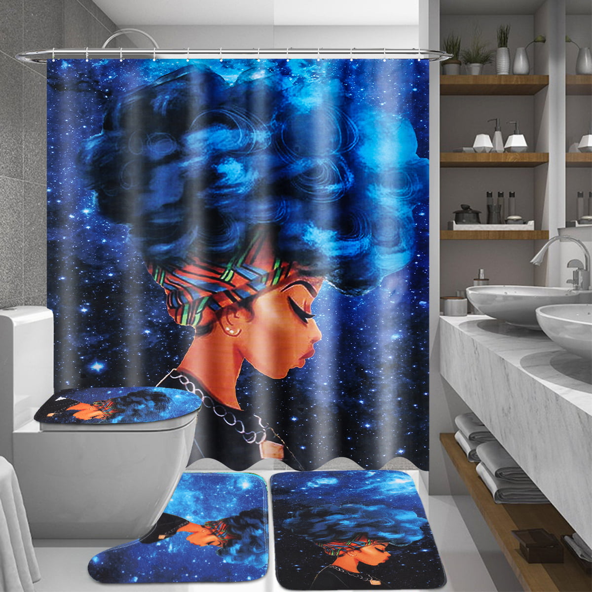 African Girl Shower Curtain Bathroom Rug Set Bath Mat Non-Slip Toilet Lid Cover