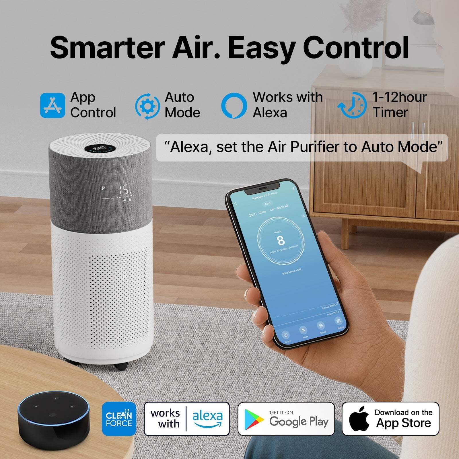 CleanForce HEPA Air Purifier for Home, Covers up to 2250 sq ft, Quiet Operation, Works with Alexa, Voice Control, Rainbow Gray