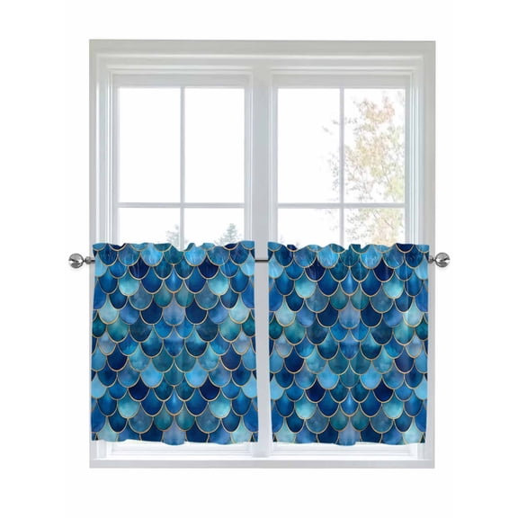 Half Window Curtain 36 Inches Long, Blue Ombre Scale Window Treatment Curtain Drapes, Abstract Art Ocean Coastal Small Tier Curtains for Bathroom Over Sink, 27.5"x36", 2 Panels