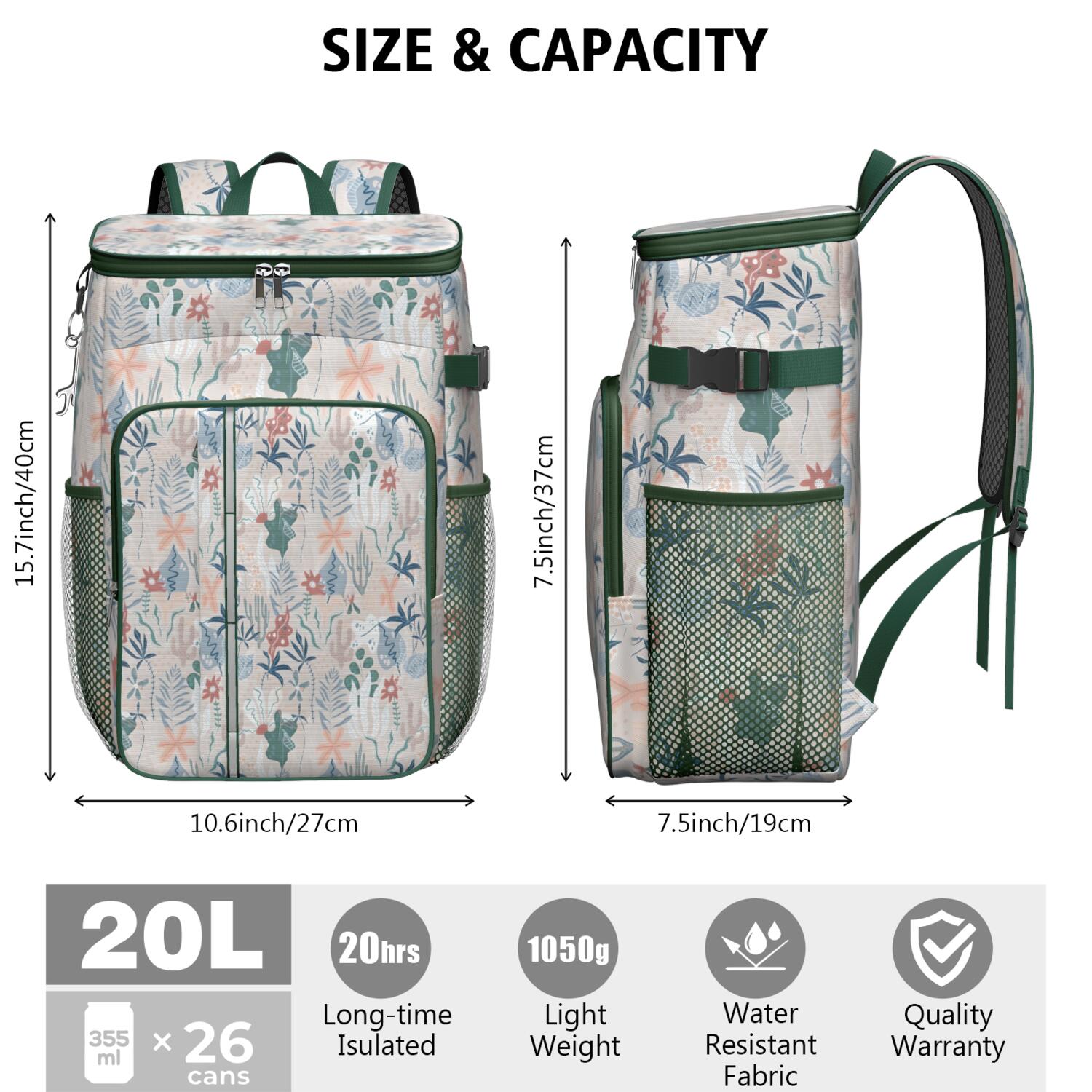 Travel Cooler Bag - Pioneer Flower Floral Print Pattern Camping Beer Cooler Backpack with Bottle Opener- Waterproof Insulated Picnic Backpacks - Cooler Bag for Beach