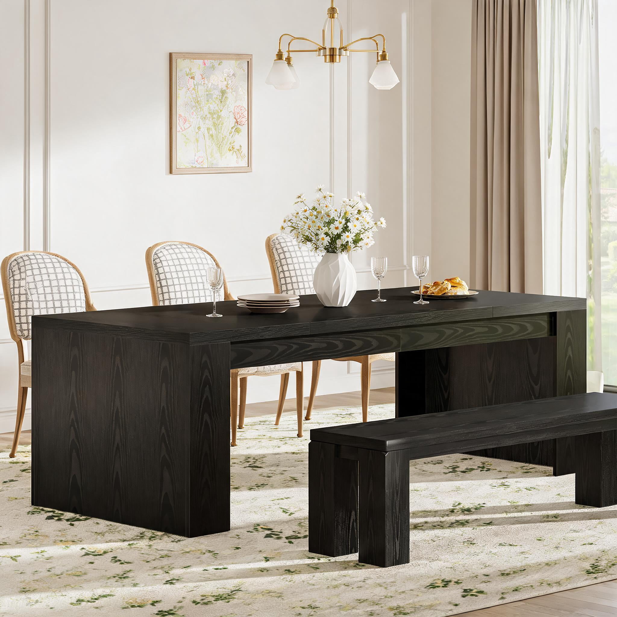 Fnova 70.9" Farmhouse Dining Table for 6-8 People, Large Wood Rectangle Sturdy Kitchen Table Modern Dining Room Furniture, Black