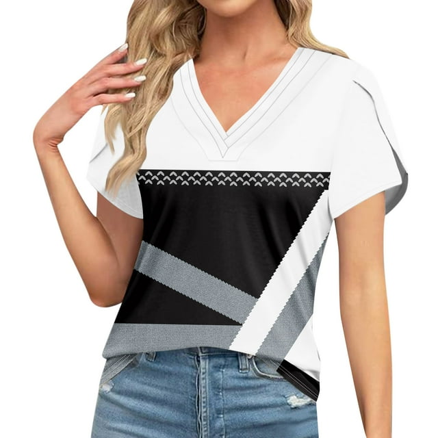T-shirts Décontractés pour Femmes à Imprimé Géométrique, Col Rond, Manches Courtes, Mode 2024 Printemps Été, Coupe Ample, Blanc-89 m