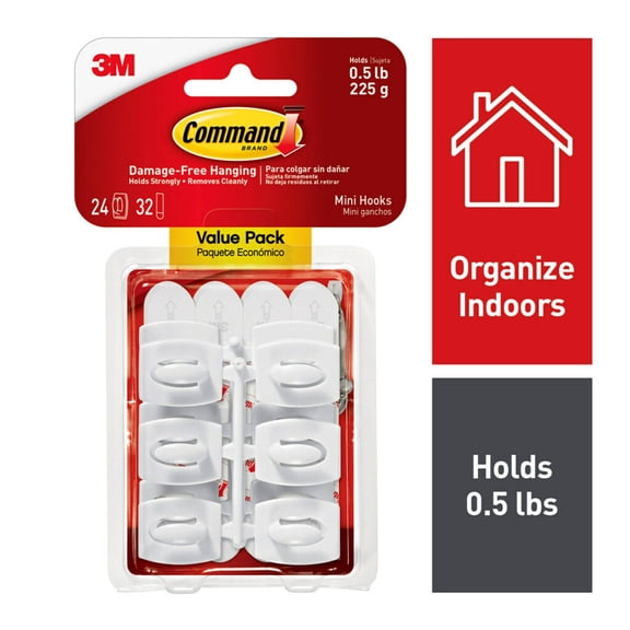 Command Mini Wall Hooks, White, Damage Free Decorating, Six Hooks and Eight Command Strips