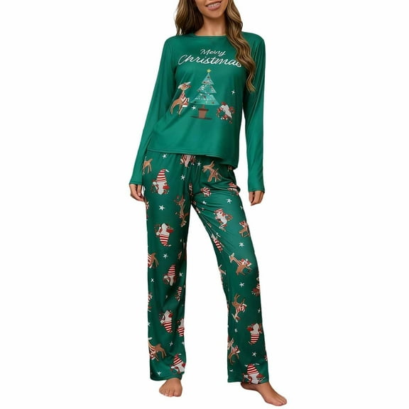 Pajama Set Women Trendy Christmas Print Crewneck Long Sleeves And Pants Sleepwear for Women
