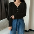 thumbnail image 2 of Women's Spring Autumn Cropped Cardigan Long Sleeve V-Neck Button Down Short Knitted Sweater Solid Color Shiny Jacket Casual Occasions Tops, 2 of 4