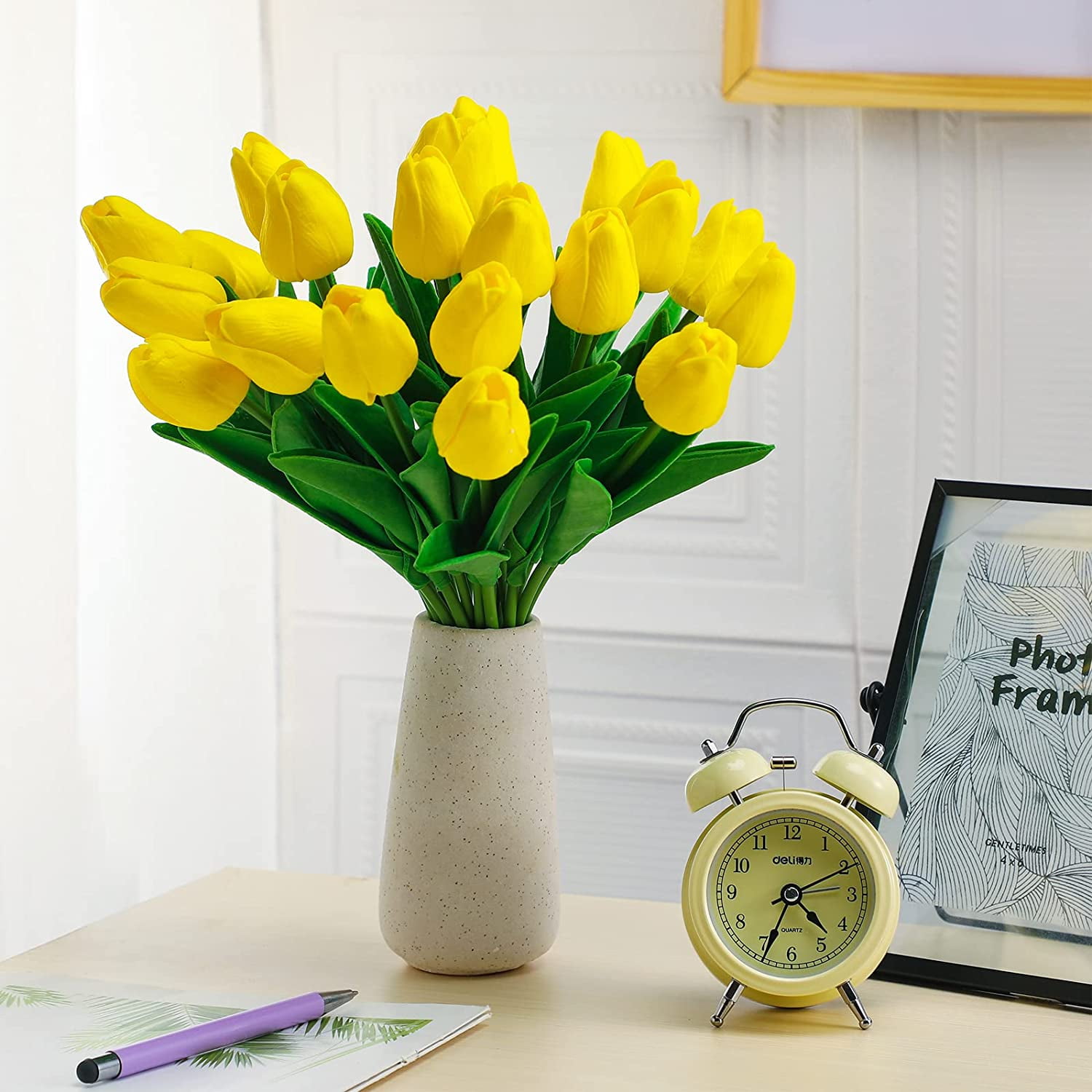 50 Pcs Tulips Artificial Tulips Flowers PU Fake Tulips 13 Inch Faux Flowers Cemetery Flowers for Easter Spring Home Room Office Party Wedding Decoration Bouquet Centerpiece (Yellow)