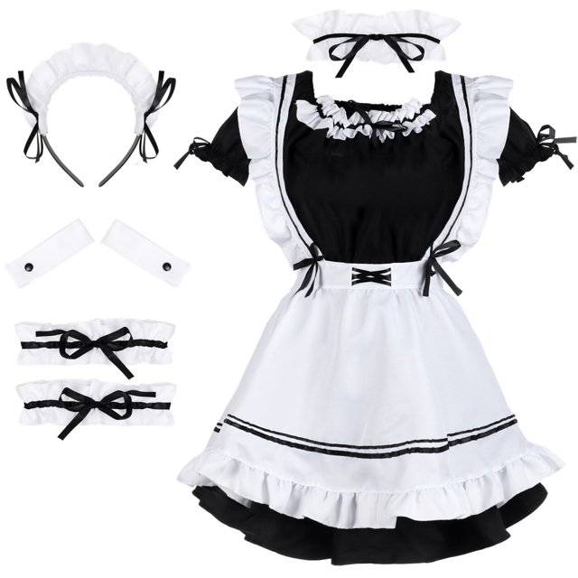 Vestido de sirvienta Lolita, disfraz de sirvienta de anime japonés para mujer, incluye tocado, pajarita para el cuello, mangas, ligas para las piernas