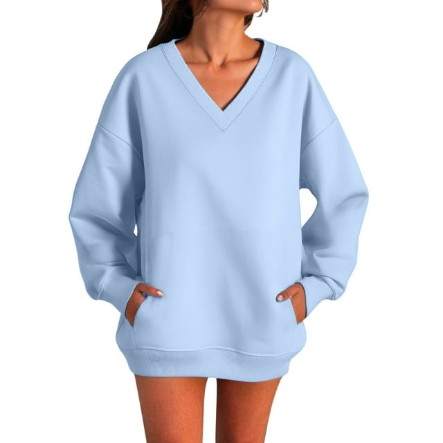 Women's Autumn Fashion Plus Loose V Neck Sweatshirt With Side Pockets
