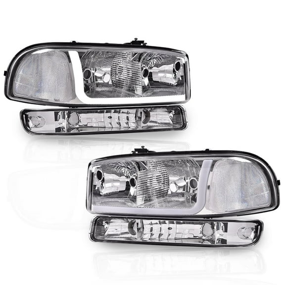 PIT66 Fit For 1999-2007 GMC Sierra/Yukon LED DRL HeadLight W/Bumper Signal Lamps Clear Lens Chrome Housing Clear Reflector