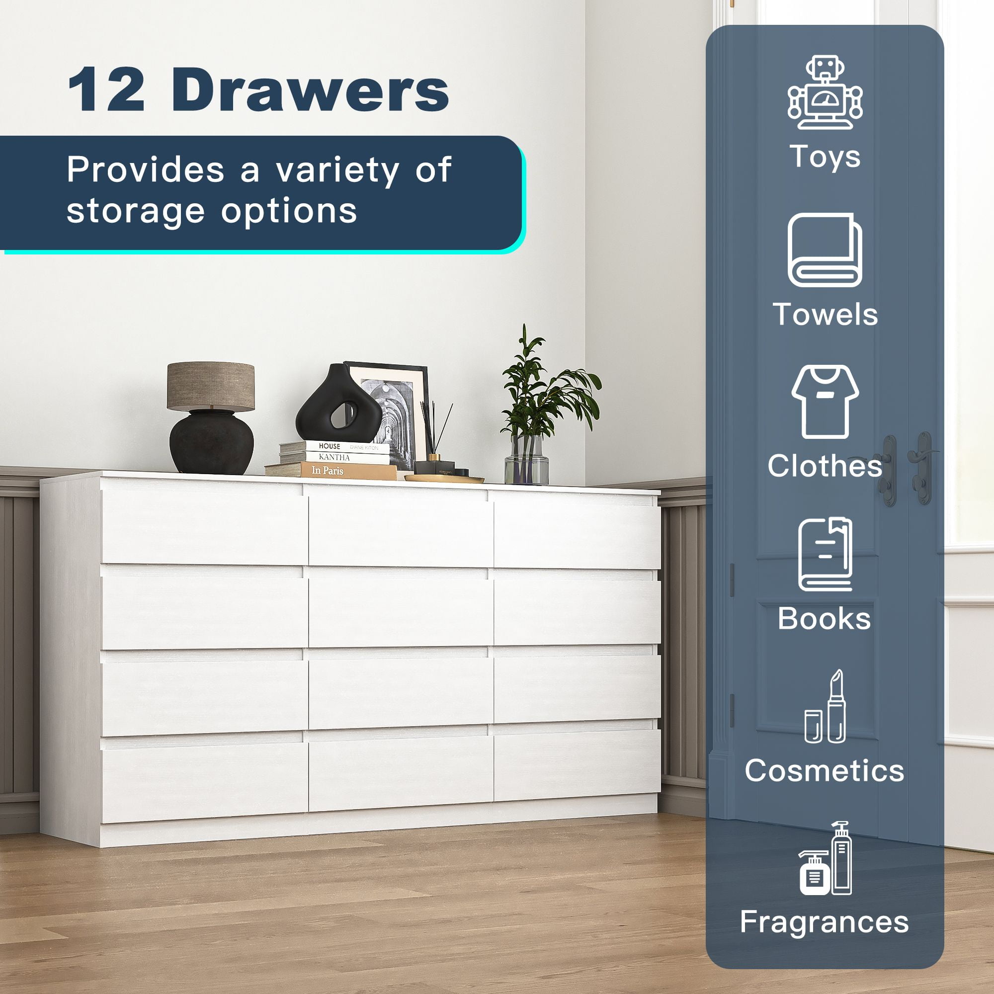 Finihen 12 Drawer Double Dresser, Modern 12 Chest of Drawers with Deep Drawers, Wide Storage Organizer Cabinet for Living Room, Kids, White Finihen 12 Drawer Double Dresser, Modern 12 Chest of Drawers with Deep Drawers, Wide Storage Organizer Cabinet for Living Room, Kids, White