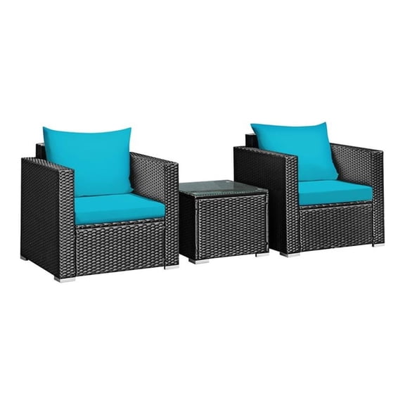 Pemberly Row 3-piece Rattan Patio Wicker Furniture Set with Cushion in Turquoise