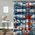 thumbnail image 2 of Orinice  Nautical Ocean Shower Curtain Sets with Rugs Funny Marine Life and Lighthouse Saioat Fabric Shower Curtain with Hooks Navy Blue and White Striped Bathroom Curtains Shower Set,  60x72, 2 of 7