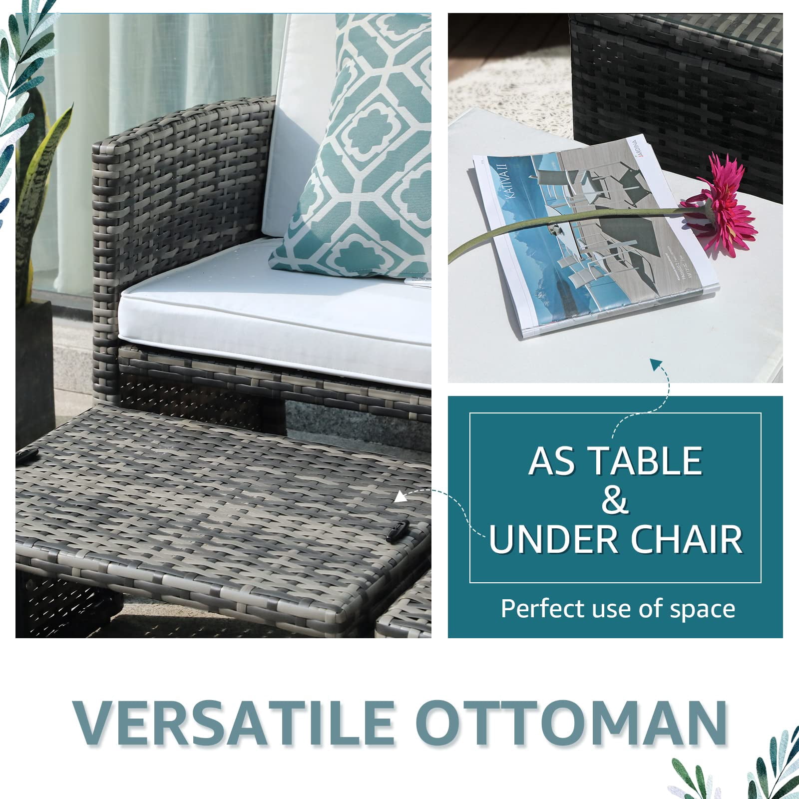 Outdoor Loveseat Patio Furniture Rattan Conversation Set, with Ottoman, Pillows Included, Grey Wicker, White Cushions