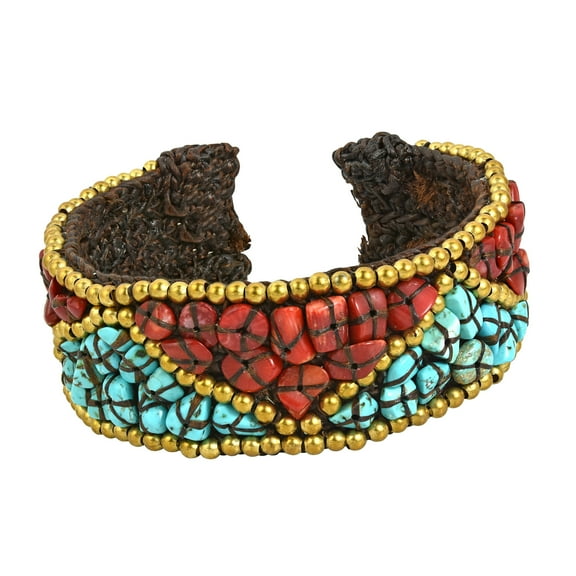 Triangle Pattern Turquoise-Synthetic Coral Brass Cuff Bracelet