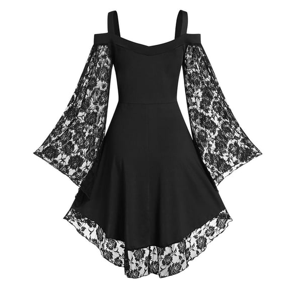 Women's Gothic Cold Shoulder Dress with Lace Flare Sleeves Button Front Skull Lace Trim Vintage Midi Dress for Halloween Party