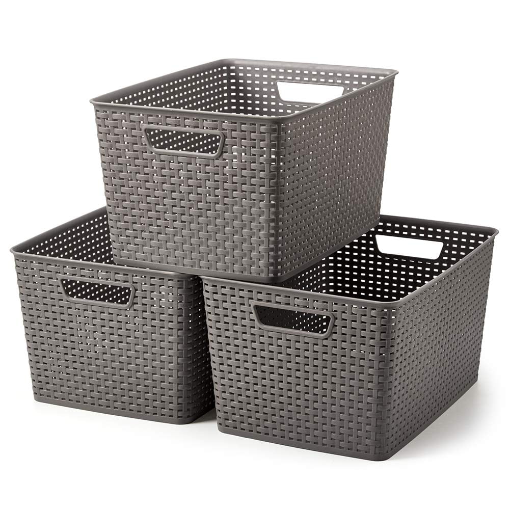 EZOWare Extra Large Gray Plastic Knit Baskets Shelf Household Storage ...