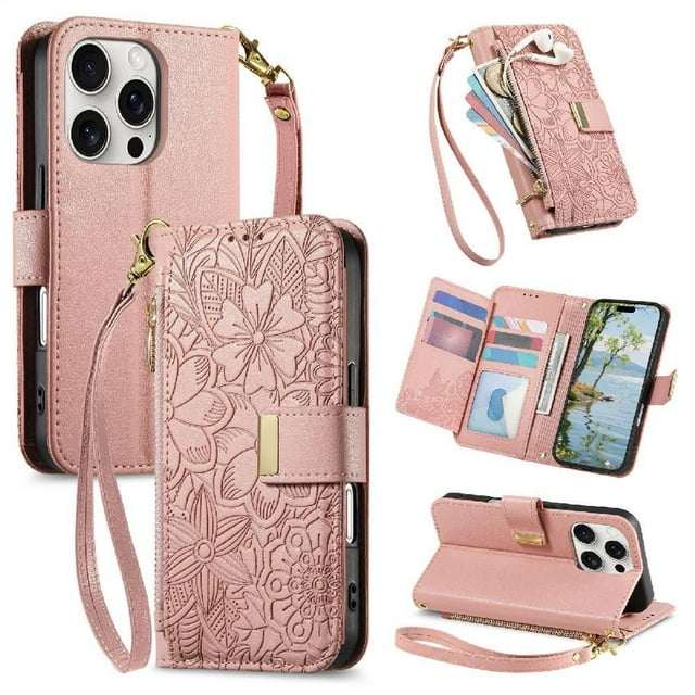 Flip Case for FOXDOCK iPhone 16 Pro Gift Choice Kickstand Viewing Floral Embossed Full Protection Wallet Function
