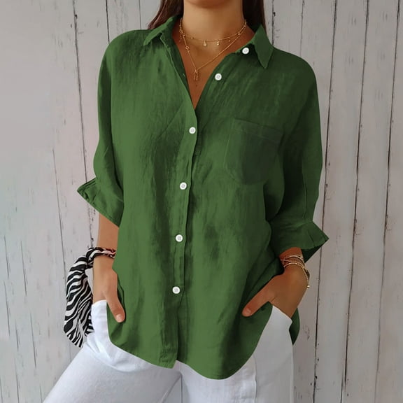 Tawop Women's Shirts Womens Tee Shirts Long Sleeve Button Linen Cotton Pocket Green L