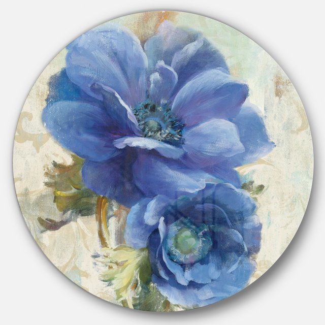 Designart 'fleur d'Anémone Peinte à la Main Bleue' Art Mural Rond en Métal Style Ferme - Disque de 36