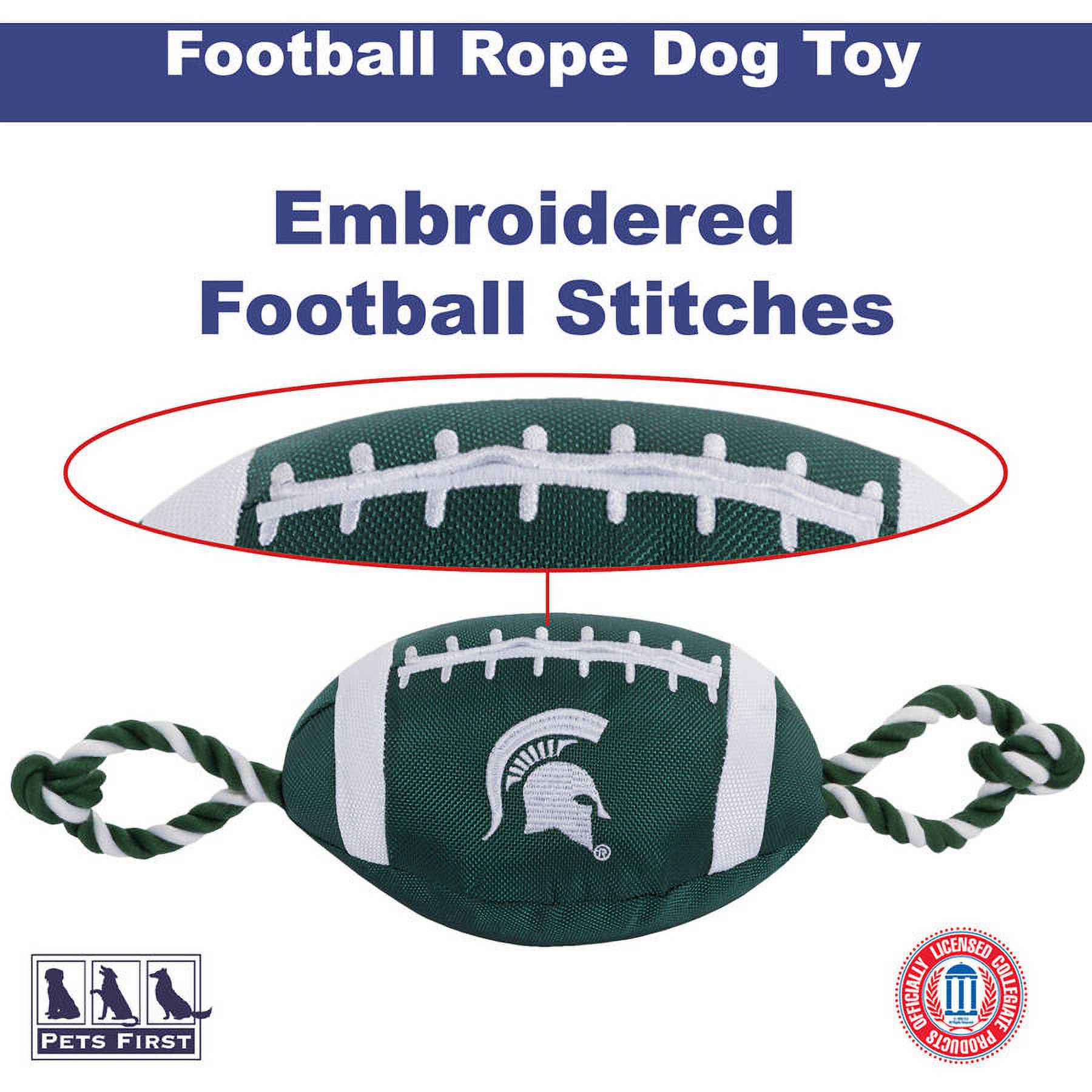 Pets First NCAA Michigan State Spartans Strong, Durable, Chewable Football Dog Toy with Inner Squeaker and Side Ropes, Officialy Licensed