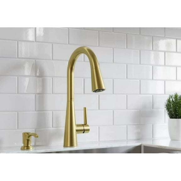 Pfister Barullli Single Handle Pull Down Sprayer Kitchen Faucet with Deckplate Included and Soap Dispenser in Brushed Gold
