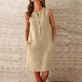 thumbnail image 2 of Tqcoqu Women's Linen Blend Sleeveless Henley Neck Button Placket Shift Dress with Pockets,Khaki Women's S-XXL, 2 of 9