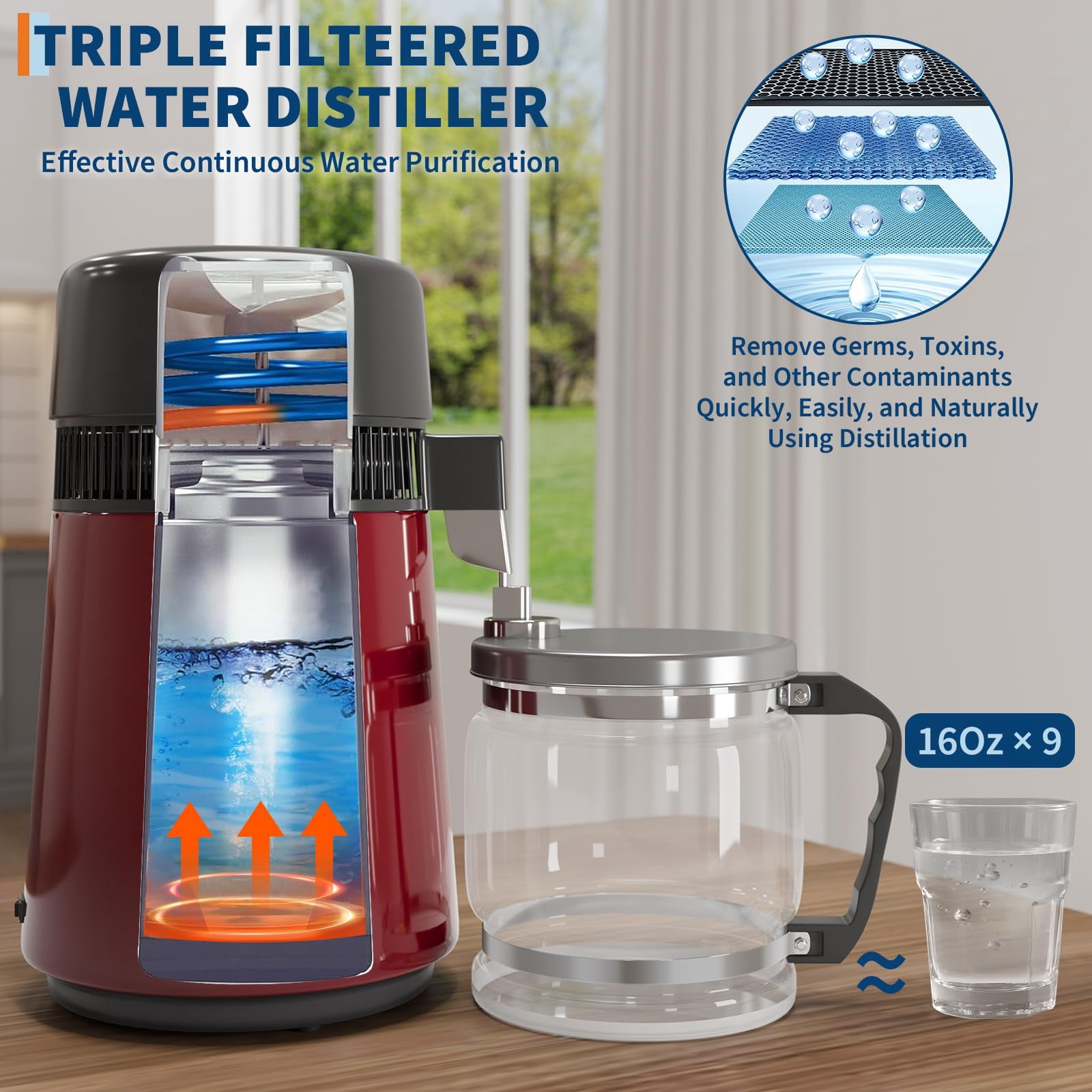 Efficient 750W Water Distiller Machine – 4L Stainless Steel Purifier for Home, Lab, Aquarium, Office – Includes Glass Pot for Clean Drinking Water – Red
