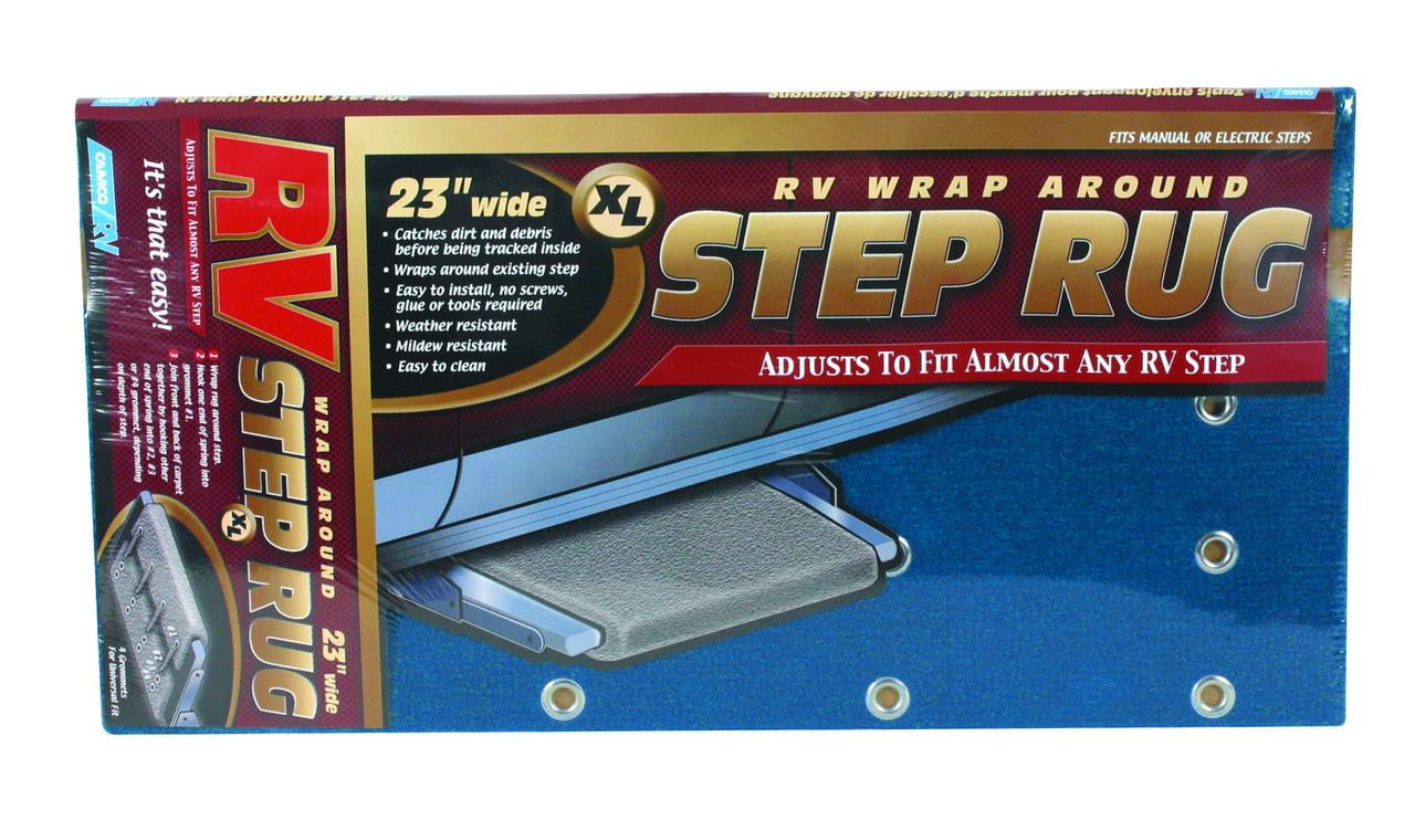 Camco 42934 Wrap Around RV Step Rug XL for Larger Manual or Electric RV Steps, 23"W - Protects Your RV From Unwanted Tracked In Dirt (Blue)