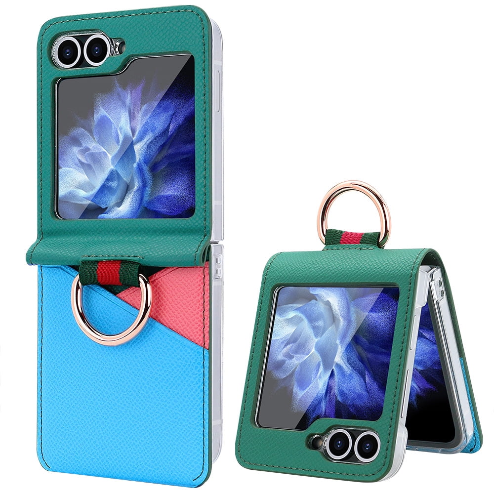 Fashion contrast color leather phone case for Samsung Galaxy Z flip 6 5 4 3 flip6 flip5 ring holder card slot folding cover