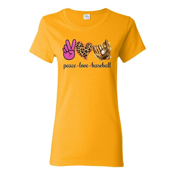 Peace Love Baseball Sports Womens Graphic T-Shirt, Gold, 3X-Large