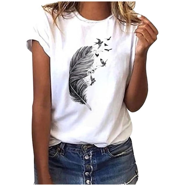 ICHUANYI Clearance Fashion Women Short Sleeve T-Shirt Feather Print Casual Top Tee Blouse(Navy, S) ICHUANYI WER2023080814415