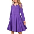 thumbnail image 2 of Otqutp Kids Fall Winter Outfits Toddler Girls Cotton Spring and Autumn Solid Color Long Sleeve Dress Casual A Line Dresses for 4-11 Years(Purple,6-7 Years), 2 of 4