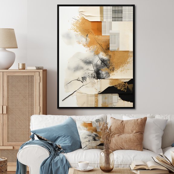 Designart "Gold and Grey Sunset Collage V" Abstract Framed Wall Art - Modern Yellow Abstract Collages Hallway Framed Wall Art Decor