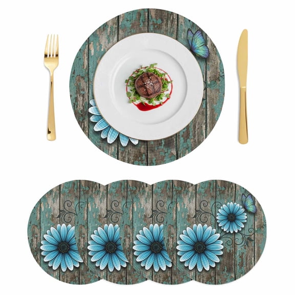 Blue Daisy Round 13 Inch Placemats Set of 4, Country Vintage Floral Butterfly Wooden HeatResistant Non Slip Place Mats for Dining Table, Wipeable Braided Kitchen Table Mats for Housewarming