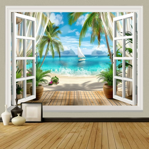 Ocean Beach Tapestry, Blue Sea Tropical Island Nature Tapestry for Bedroom, Summer Palm Tree Scenery Tapestry Wall Hanging, Seaside Window Tapestries for Living Room Dorm 60X40IN