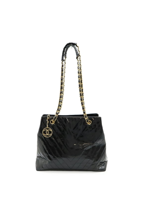Pre-Owned CHANEL V-stitch Coco Mark tote bag with chain shoulder strap in black... (Good)
