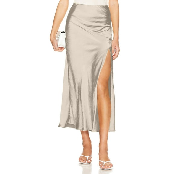 Abomasnow Womens Satin Silk Maxi Slit Skirt Elastic Waistband Satin Work Skirts A Line Wedding Party Long Skirts S-XL