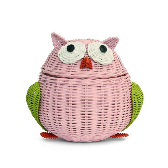 Pink Owl Rattan Storage Basket with Lid Decorative Home Decor Hand Woven Shelf Organizer Cute Handmade Handcrafted Gift Art Decoration Artwork Wicker Size: Small, 7" tall x 6.5" wide x 5.5" deep
