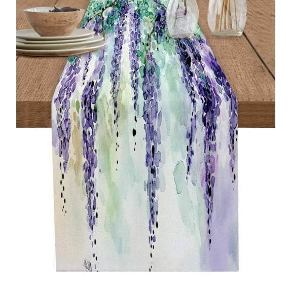 Table Runner Dresser Scarves 70 Inch Long,Watercolor Purple Floral Lavender Linen Dining Table Runners Botanical Green Leaves Tabletop Scarf for Wedding Holiday Party Kitchen