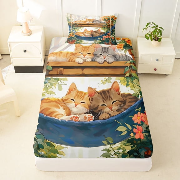 Manfei Anime Sleeping Kitten Twin Fitted Sheet, Garden Floral Hammock Bedding, Cream Green, 2pcs, 1 Fitted Sheet and 1 Pillowcase