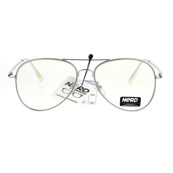 Nerd Flat Panel Clear Lens Aviator Pilots Eyeglasses Silver