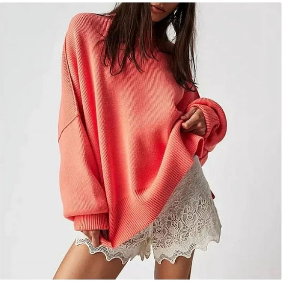 Autumn 2025 Women'S Batwing Sleeve Knit Sweater With Side Slits And Round Neck